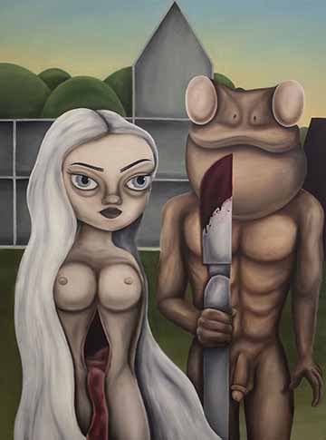 Biologist’s Dream depicts a frog man holding a scalpel, standing next to a naked dead woman, who has had her stomach sliced open. The image parodies American Gothic.