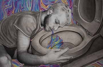 Too Much depicts a male figure slumped over a toilet. The figure is puking rainbow sludge. The background is also a rainbow-sludge pattern.
