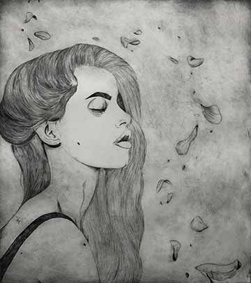Gust depicts a woman’s portrait in profile, she has her eyes closed and looks relaxed. Swirling petals drift in the wind around her.