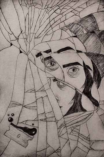 Mirror Mirror depicts a woman’s face being reflected on shattered glass. A bloody razor blade is laying on the broken mirror.