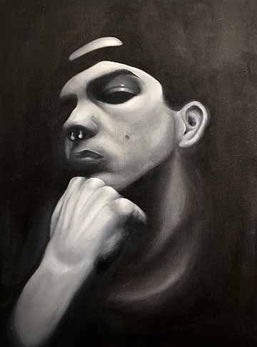 Haunted depicts a grey-scale portrait of a male figure. The figure is emerging from a black background. 
