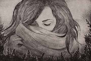 Winter’s Day depicts a woman bundled up in the cold, she is pulling up her scarf. Surrounding the woman is a pine needle texture.