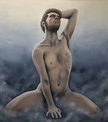 Arisen depicts a male figure kneeling in a sexual pose, surrounded with billowing clouds. The figure’s thighs are spread, and he is stretching upward. The figure appears to be in ecstasy.