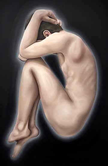 The Closet depicts a male figure sideways, in fetal position. The figure’s arms wrap around the back of his head, obscuring his face.