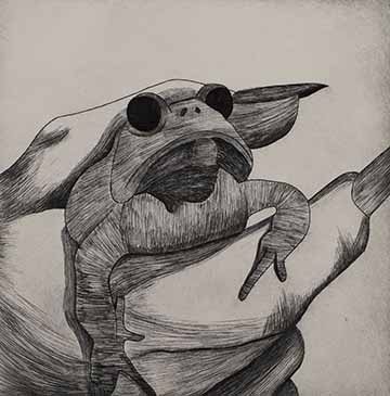 In The Woods II depicts a frog being held by a woman’s hand, with long dagger-like fingernails. The frog’s eyes are entirely black.
