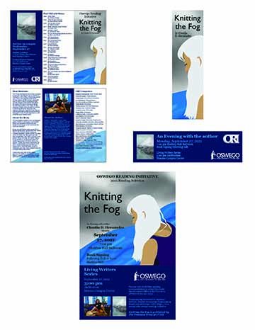 An illustration on the top half of the poster of a side portrait view of a woman with white hair covering most of her face, wearing a dark purple tank top. The woman is sitting at the bank of a river, and the background is foggy. The bottom half of the poster is a dark blue color block behind light blue text. The text of the poster is mostly left aligned starting at the top of the poster, a small portion of the text is slightly indented towards the middle of the poster. the color block has two columns of te