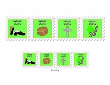 A stamp that has a light green background with gold celtic knots in the four corners. In the middle at the top it reads “Ireland” in a serif font with “USA 55” under it in a sans serif font. Underneath the text there is an illustration of traditional irish dancing shoes. One is a traditional shoe a girl would wear, the shoe is made of black leather with long laces that wrap around the foot, they are similar to a ballet slipper. The other is a hard shoe, the hard shoes are leather shoes with raised tips and 