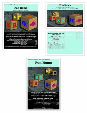 The top of the has a small bar of light blue “wall” with black text over it. The middle of the poster is a large illustration of toy letter blocks on a geometrical black and grey rug. The block in the front has three sides visible: the top has an orange image of a nondescript face with half looking “male” with a bow tie and half looking “feminine” with a bun on its head and long hair, the right side has a pink image is a full “female” face with a bun on its head and long hair, and the left side has a dark b
