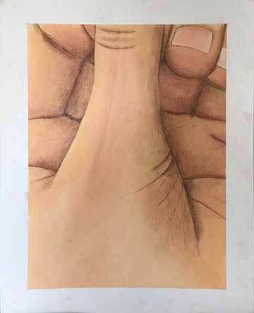 This piece is a close up representation of my clenched hand made using acrylic paint and colored pencil.  The shape of the hand represents the feeling of stress and the way my body reacts to that emotion physically.  The hand takes up the entire frame so that there is no background.