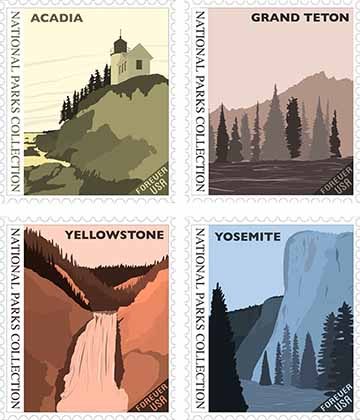 Illustrated postage stamps depicting scenes from Acadia, Grand Teton, Yellowstone, and Yosemite National Parks