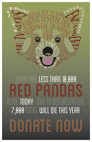 A poster design featuring the face of a red panda made up of many lines of warped and colored text.  The text contains words about how red pandas are being driven towards extinction.  These words that make up the face also contain a call to action, “Save the Red Panda.”  The poster says “Donate Now” at the bottom.