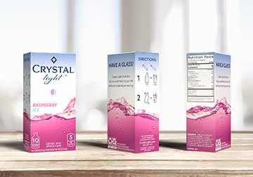 This image is a 3-dimensional mockup rendered using Adobe Dimension.  It shows three identical boxes with a redesign of the Crystal Light branded packaging, at 3 different angles.  The design for the packaging was created in Adobe Illustrator using assets made with Adobe Photoshop.