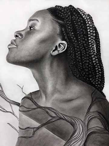 Portrait that portrays the side profile of a Black woman with a neutral expression in front of an all white background. The intricate braided hair stands out in the image. Vines engulf the woman’s shoulders and spill onto the background. 