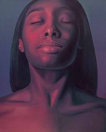 Portrait that portrays a Black woman facing forward with her eyes closed. She appears as if she’s dreaming. Hues of pink, purple, and blue fill the composition. 