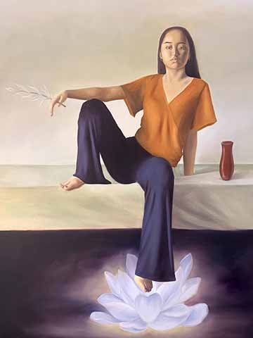 Figurative portrait that portrays a young woman sitting on a bed with left leg bent and left arm resting on the knee.  