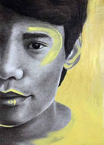 Monochromatic portrait of a male individual that fills the left half of the composition. The right half of his face is shown.