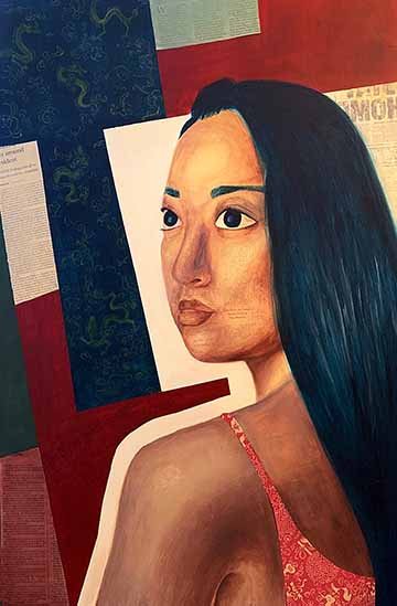 Woman with back facing the viewer looking over her shoulder to the left in front of a collaged background. 