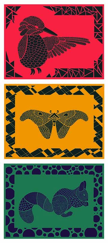 Three illustrations in a row. The first one on the top is of a bird on a red background,  the squirrel is drawn using different patterns. The piece underneath has a butterfly on a yellow background and the last piece has a squirrel on a blue greenish background. This piece plays with negative space and uses patterns to create shapes that resemble animals. 