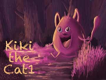 This is an illustration of a hubby cat called Kiki. The scene  takes place in a dark purple forest where kiki is taking a stroke with a happy and ecstatic expression on his face. The  words “Kiki the Cat” are written in the lower left corner of the piece. 
