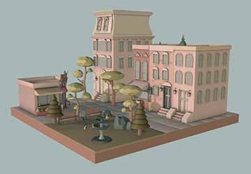 A 3D model that contains 5 buildings and a park, on a rectangular platform. 