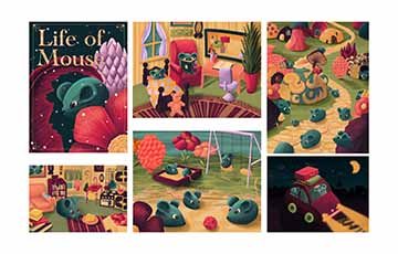 Here there are six pages that are part of an illustrated children’s book divided into two rows an three columns. The title of the books is “Life of Mouse”. The first piece in the upper left corner int the cover of the book, with a mouse and three flowers surrounding it. The illustration to the right shows two mice in a bedroom, the older mouse is sitting in a pink armchair holding a book that it’s reading to the younger mouse who is lying in the bed on the left side. The third piece is all the way in the up