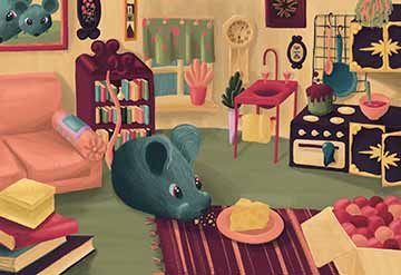 Illustration of a mouse inside a house that is the shape of a teacup, eating cheese of a plate. In the background we can see the kitchen and a couch. As well as some kitchen utensils and pictures on the walls.
