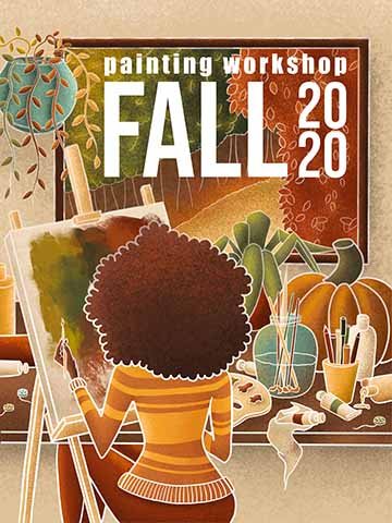 An illustration of a women sitting and painting the scenery that she can see through her window. Behind her and the easel there is a desk covered in painting materials, colors, brushes and two pumpkins. In the upper part of the poster there is a window and in the frame of the window there are words “Painting Workshop Fall 2020”. 
