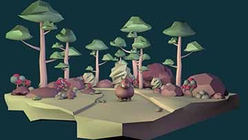 In this piece there is a platform floating in the air on which we can see trees and other strange looking plants. In the middle we can see a small creature that resembles a goat. The background is dark blue, the ground is light brown and the rocks and the goat are purple. 