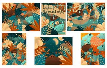 Compilation of six illustrations that together compose a children’s book. The page is divided into two rows and three columns. The first piece in the left upper corner shows the main character Lulu and her dog Poco fighting with one of the frog-like creatures from the forest. They are surrounded by flowers and plants from the forest. Next to it is the cover that has words “Lulu’s Adventures” written on it and in the lower right corner it has the words “Illustrated by Andjela Djapa”. Here we can see lulu rid