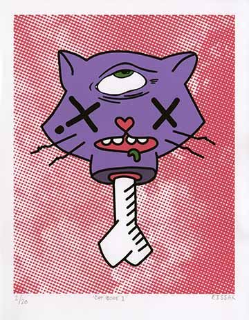 Purple cat head with ‘X’ eyes and a third human eye, with bone sticking out of the neck with pink cloud background 