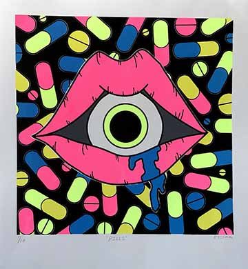 Drooling mouth with eye surrounded by pills. 
