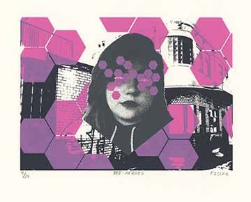 Self portrait with old building background with transparent pink hexagons in background and over eyes
