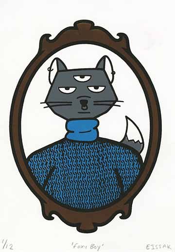 Grey fox creature with three eyes and a blue turtle neck in a brown frame.
