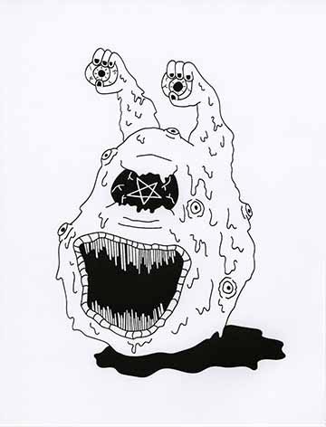 Black and white melting glob monster with big mouth, hands holding eyes, and covered in eyes.