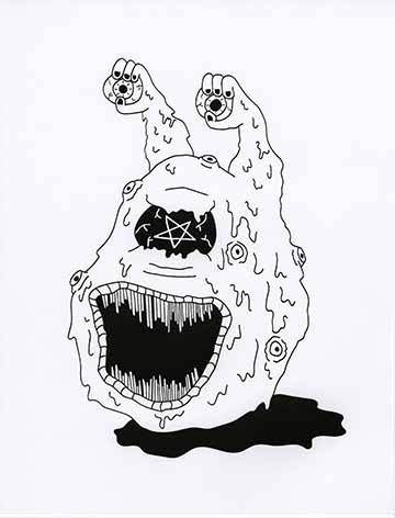 Black and white melting glob monster with big mouth, hands holding eyes, and covered in eyes.