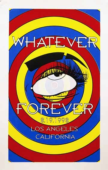 Made Up band poster with eye logo, primary color circles radiating from the center with the band name whatever forever.