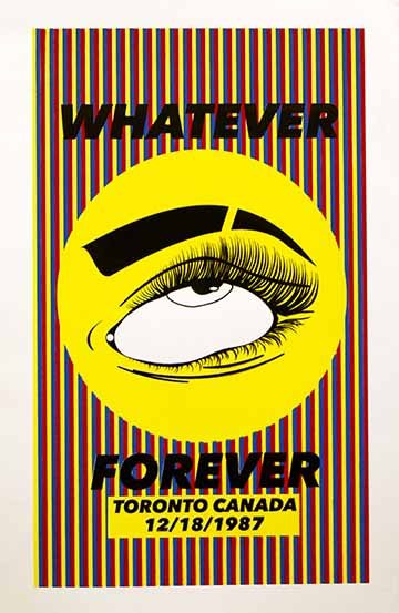 Made up band poster with eye logo in yellow circle with vertical lines of primary color for the background with the band name whatever forever.