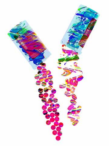 Two vivid prescription bottles with pills pouring out of them. There are waves of color laid over them.