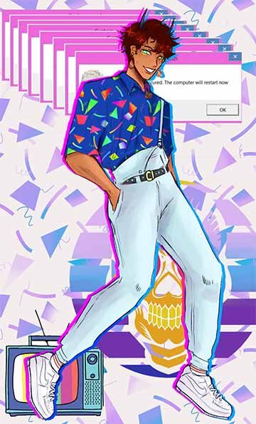Inspired by the 80;s aesthetic, it depicts an original character surrounded by colorful 80’s patterns and paraphernalia. 