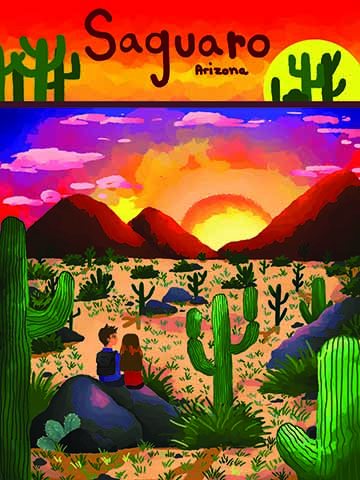 This piece depicts a couple sitting together in the national park of Saguaro Desert. It is a vertical poster that depicts the deserts landscape. The setting sun in the horizon with multiple cacti in the distance. 