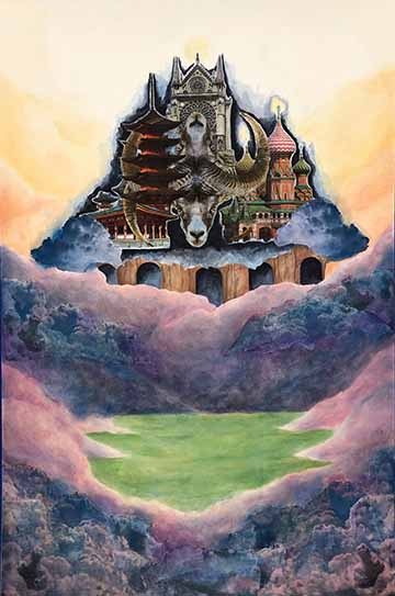 This project shows off at the center of the piece, a goat head surrounded by religious buildings and underneath it, a crumbling piece of architecture all surrounded by a black light. This area is supposed to represent purgatory. At the top of the goats head and the religious architecture, rests a radiant golden light that is supposed to signify heaven. At the bottom, is a grassy landscape that consists of blues. Pinks, and purple clouds that make their way up to where the goat and the light resides. This ar