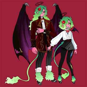 This piece is a personal work of mine, exploring character illustrations. It depicts two characters side by side dressed in royal attire. They have pink skin and green hair, having demonic features. They are supposed to look similar to represent a father and son duo. 