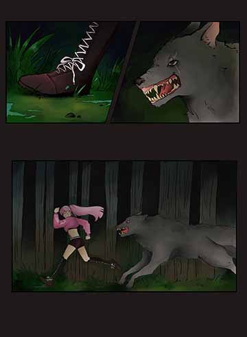 This is a three page panel comic of my original character. From pages one to three, it depicts a pink haired character running away from a wolf in the woods at night. She jumps into the near ravine from the cliff, finds a skeleton with treasure nearby, and spotted by a person off to the side. 