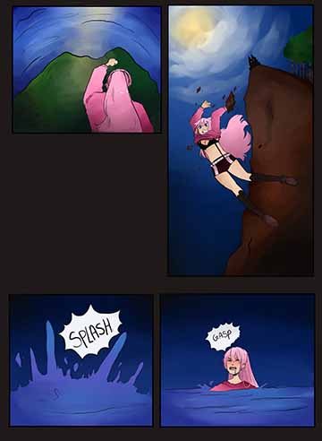 This is a three page panel comic of my original character. From pages one to three, it depicts a pink haired character running away from a wolf in the woods at night. She jumps into the near ravine from the cliff, finds a skeleton with treasure nearby, and spotted by a person off to the side. 
