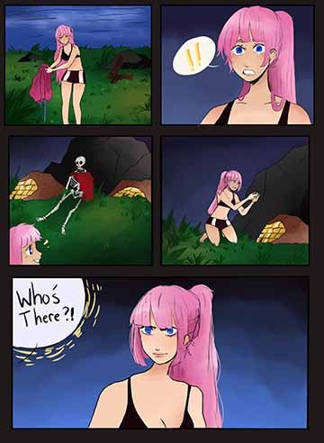 This is a three page panel comic of my original character. From pages one to three, it depicts a pink haired character running away from a wolf in the woods at night. She jumps into the near ravine from the cliff, finds a skeleton with treasure nearby, and spotted by a person off to the side. 