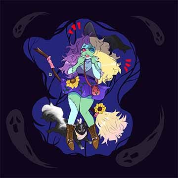 This illustration depicts a witch girl with a frankenstein appearance. Stitches and discoloration around her body with a pet skunk near her heels. Four ghost swirl around her in a dark blue background as she holds a scared facial expression