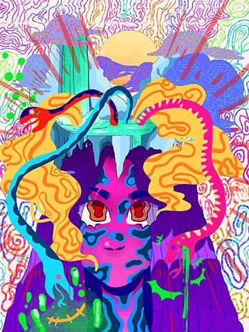 This piece depicts a self portrait of the artist (myself) with strange glitter stings of color swirling around. There&#039;s a floating rock with a waterfall above the head with odd colored snakes emerging from it, all hissing and spitting out strange colors. 