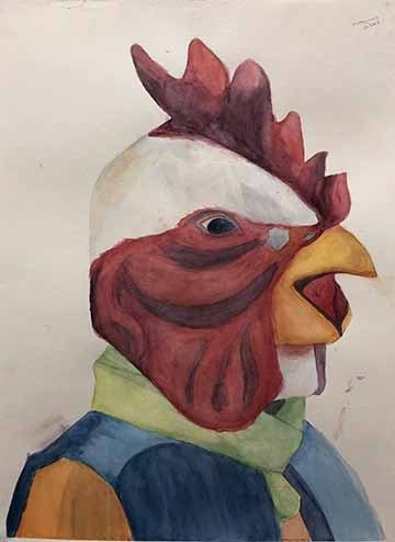 This Illustration is a still life of a figure with a chicken mask and swimming vest. 
