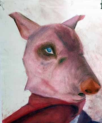 This illustration is a still life of a figure with a pig mask and swimming vest 