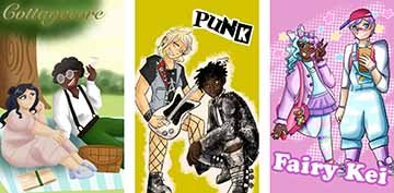 left: two figures sit on a baby blue striped picnic blanket. An Asian woman in a pink sundress looking at a black person with an afro, white dress shirt on, green pants with suspenders and glasses, laughing with a glass in their hand. middle: A woman with blonde hair and blue and red streaks in her hair playing the guitar while a black person crouching down 